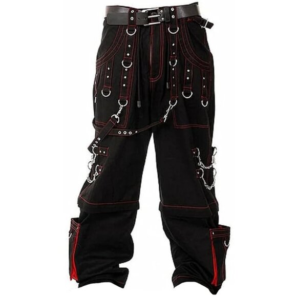 Men's Gothic Handmade Bondage Trouser Cyber Red Thread Metal Studs Trouser Pants - Picture 1 of 5